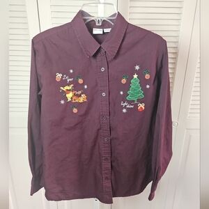 Disney's Winnie The Pooh Plum Color Christmas Long Sleeve Button Up Shirt Large
